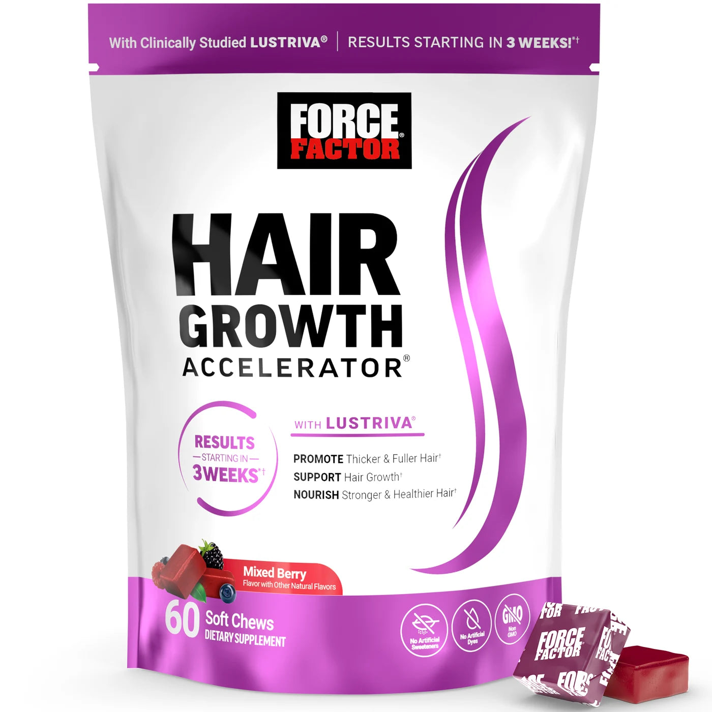 Force Factor Hair Growth Accelerator Mixed Berry — original 60-chew pouch