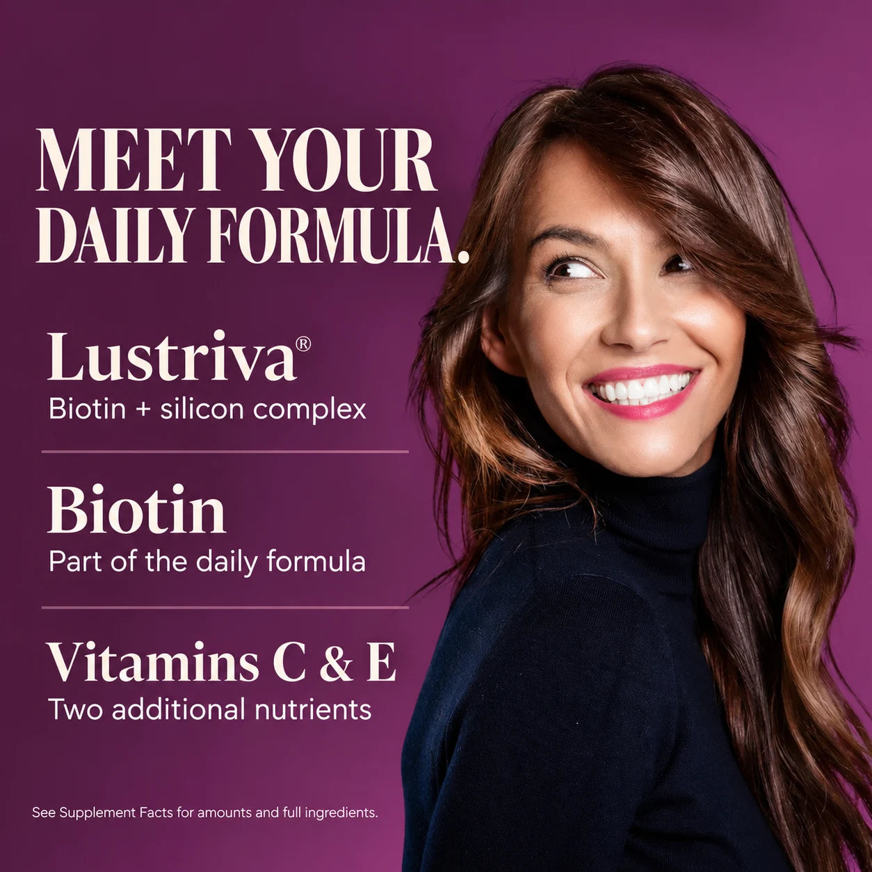 Lustriva, biotin and vitamins C and E formula overview